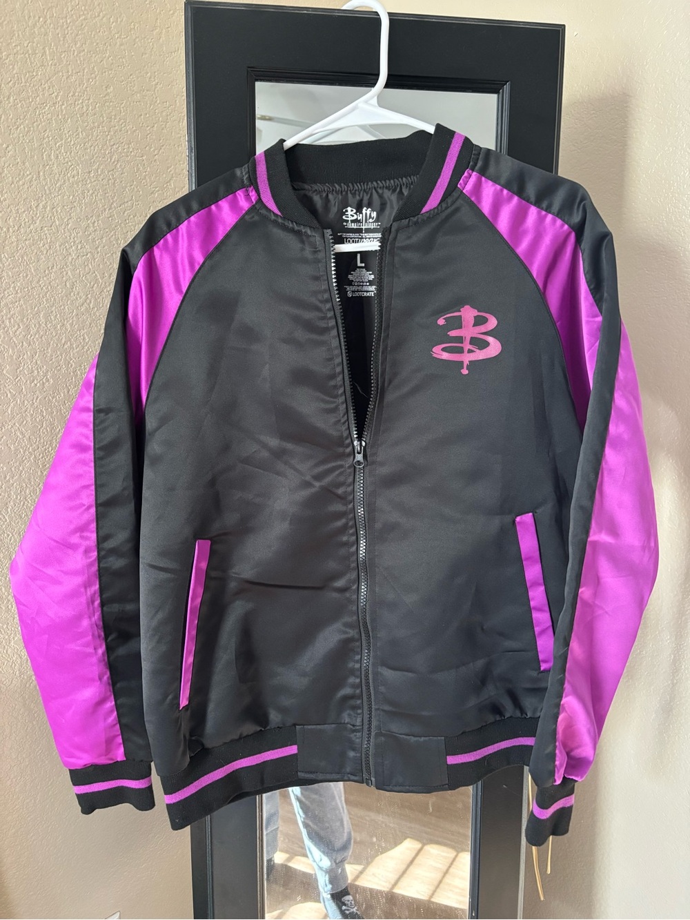 Buffy The Vampire Slayer Black and Magenta Satin Bomber Jacket with Logo